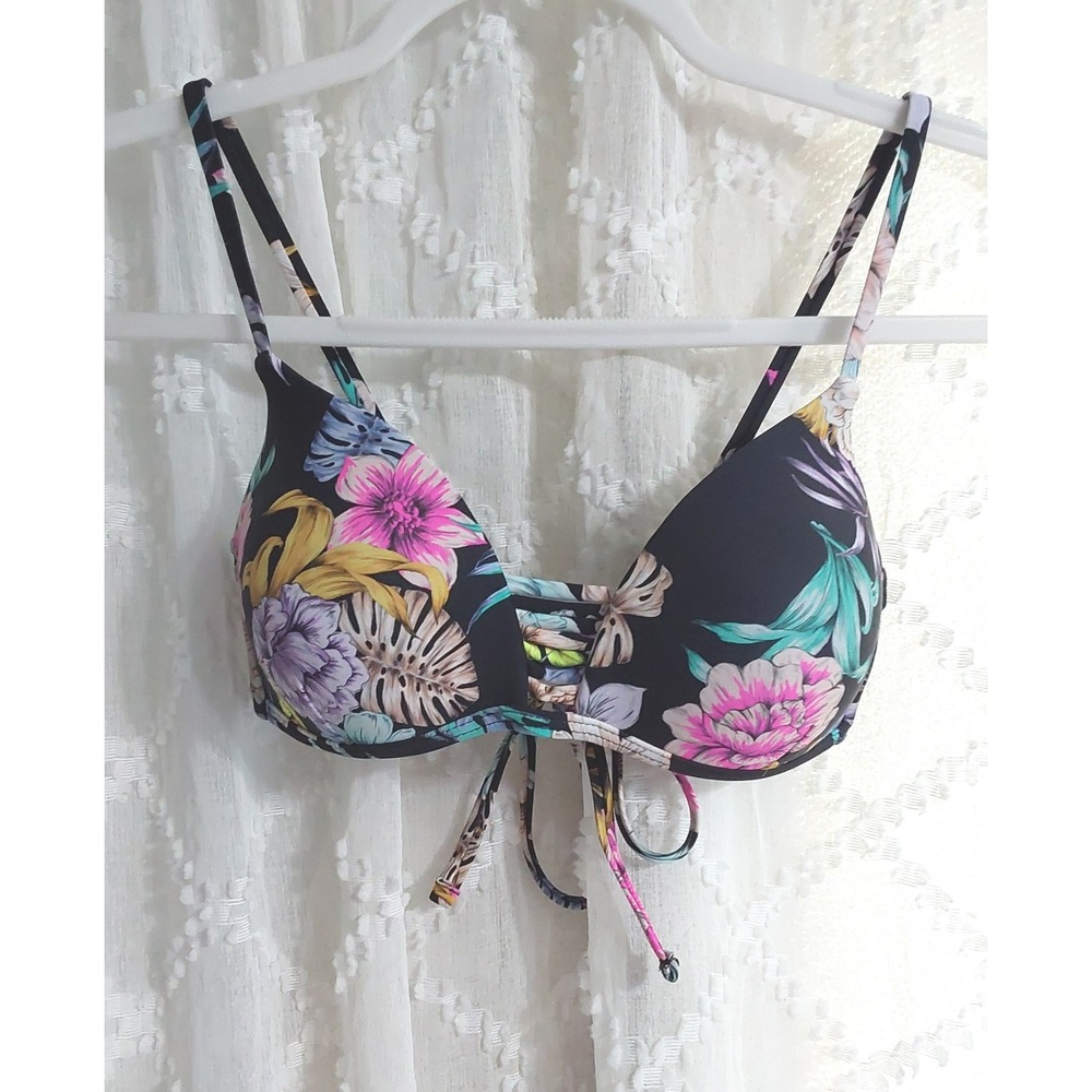 No Boundaries Black Floral Lace Up Front Bikini Top Padded Swim Size Small 3-5